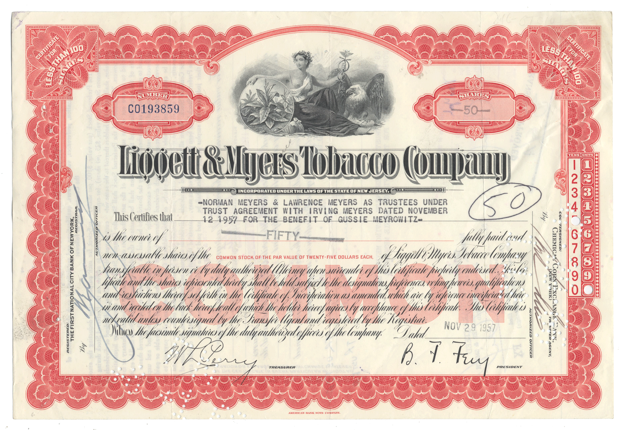 Vintage stock certificate from the Liggett & Myers Tobacco Company with red and white design.