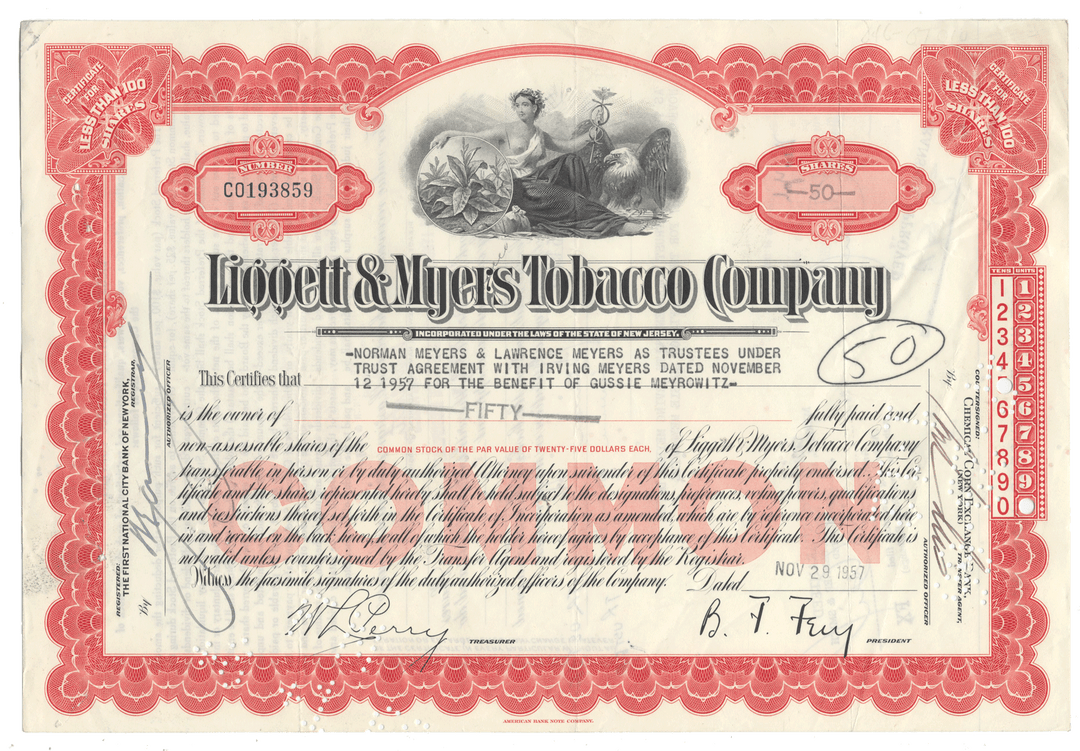 Vintage stock certificate from the Liggett & Myers Tobacco Company with red and white design.