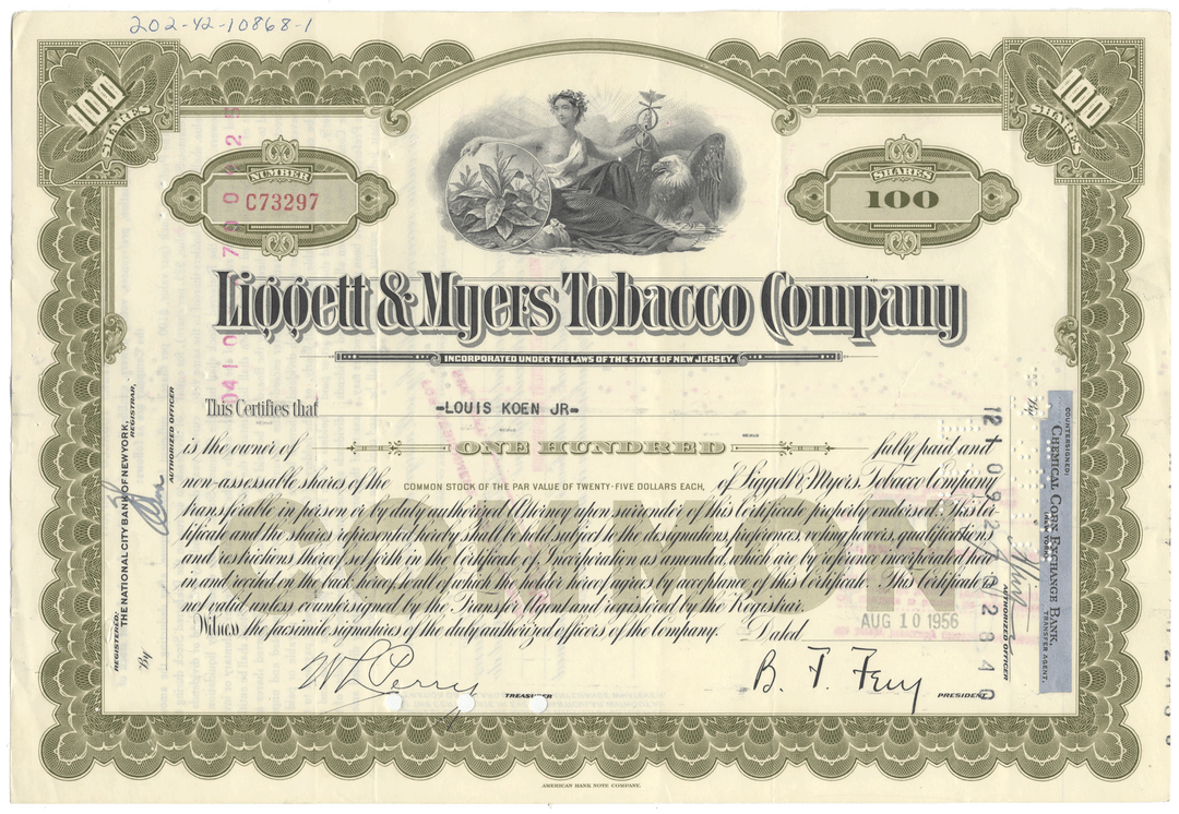 Liggett & Myers Tobacco Company Stock Certificate
