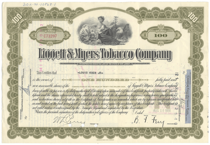 Liggett & Myers Tobacco Company Stock Certificate