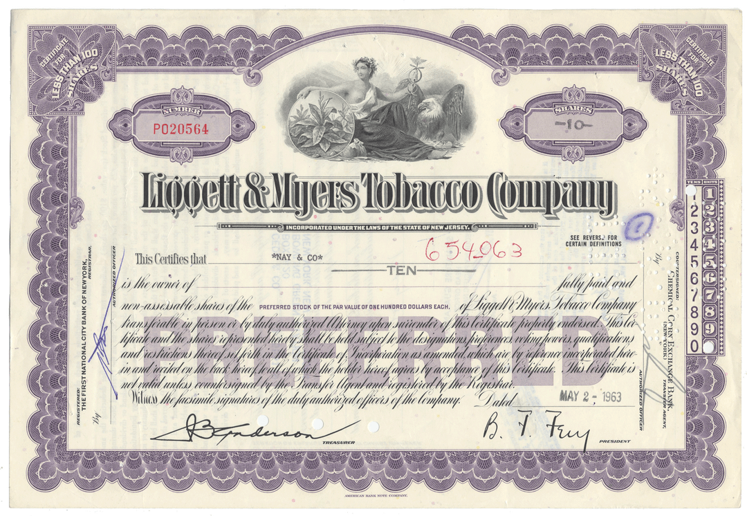 Liggett & Myers Tobacco Company Stock Certificate