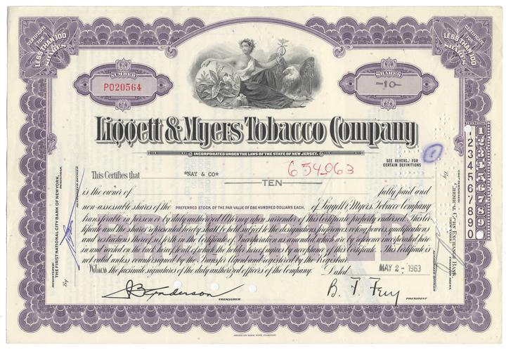 Liggett & Myers Tobacco Company Stock Certificate
