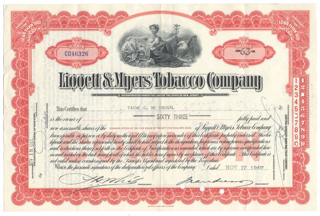 Liggett & Myers Tobacco Company Stock Certificate