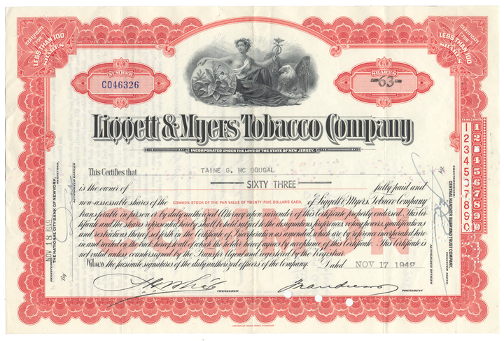 Liggett & Myers Tobacco Company Stock Certificate