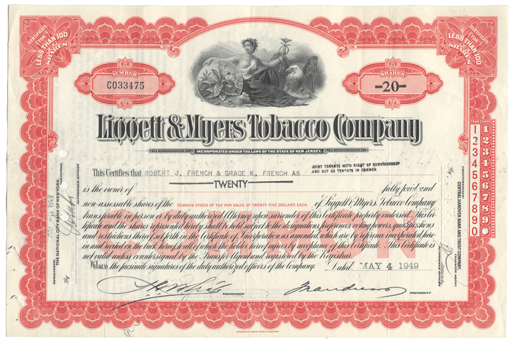 Liggett & Myers Tobacco Company Stock Certificate