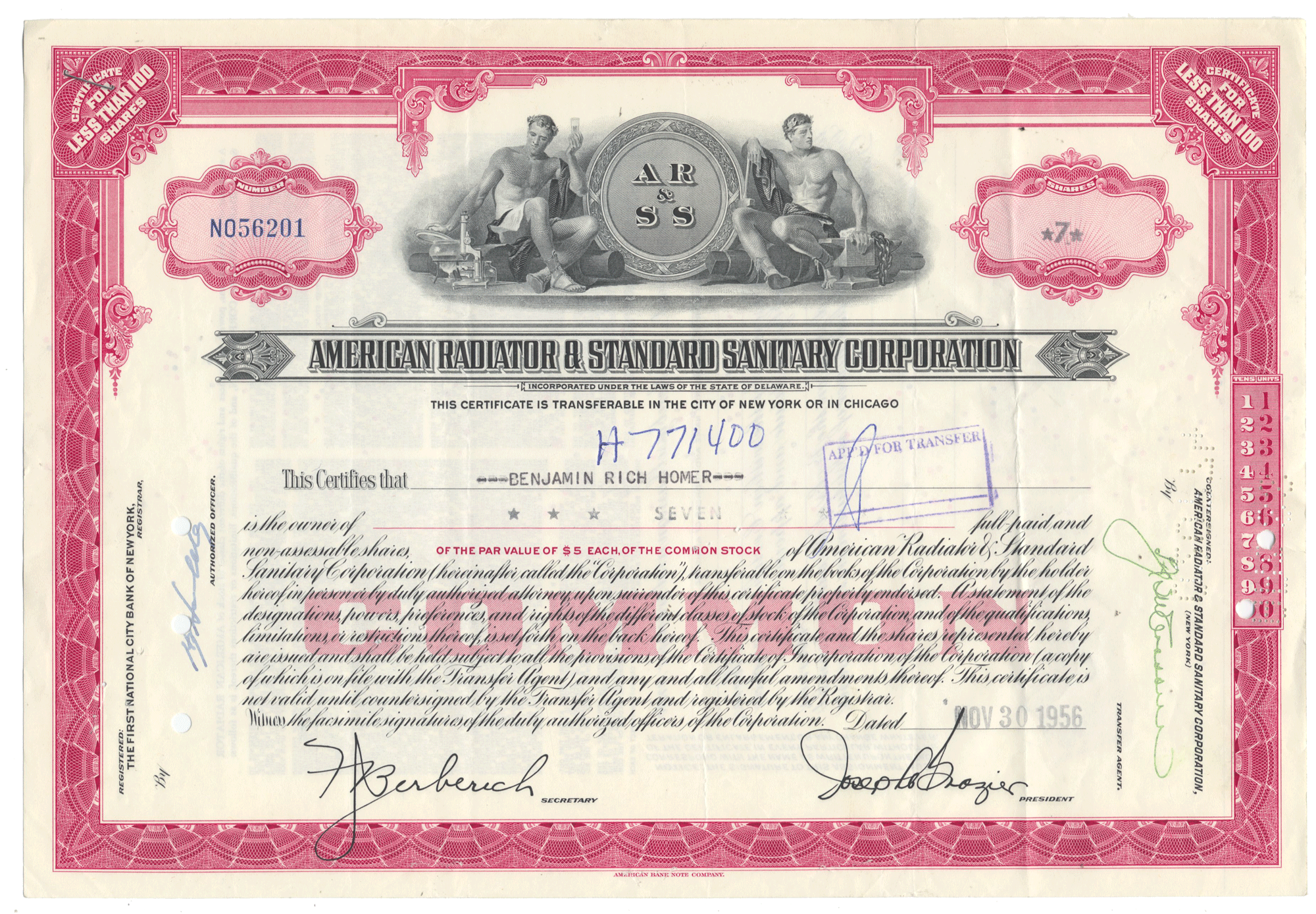 Vintage stock certificate from American Radiator & Standard Sanitary Corporation from 1956