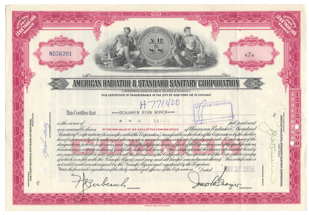 Vintage stock certificate from American Radiator & Standard Sanitary Corporation from 1956