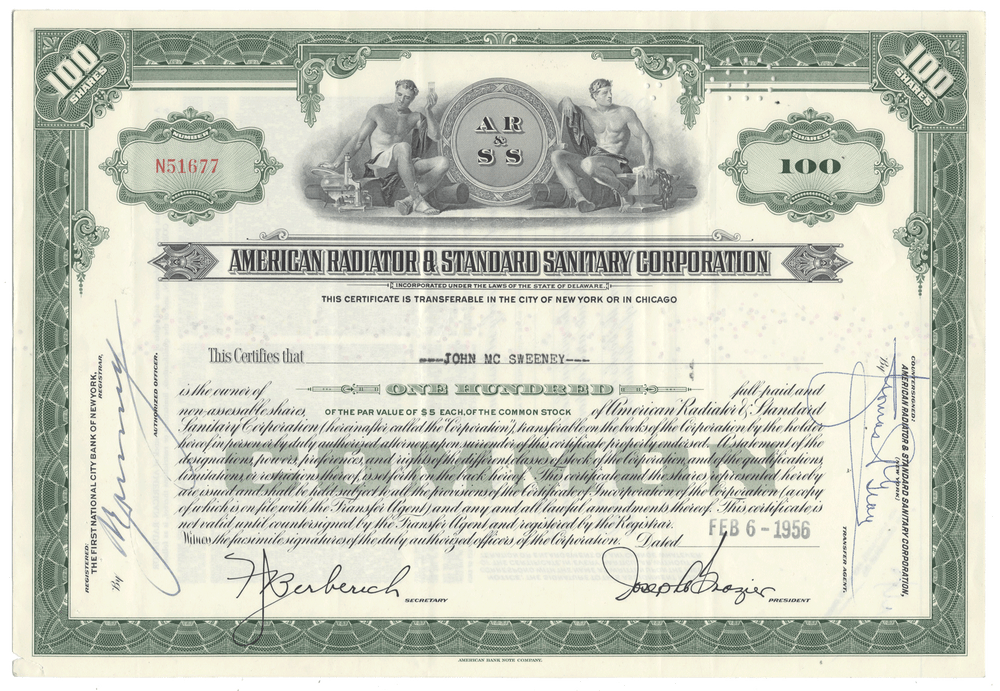 Vintage stock certificate from American Radiator & Standard Sanitary Corporation from 1956