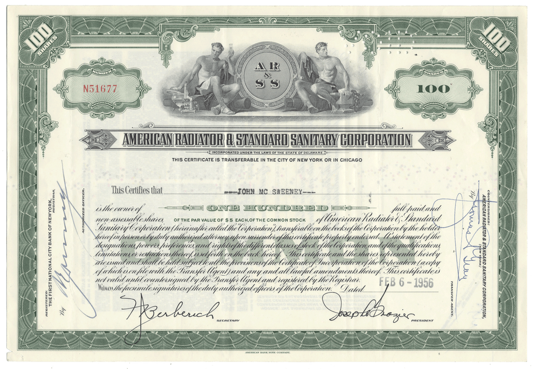 Vintage stock certificate from American Radiator & Standard Sanitary Corporation from 1956
