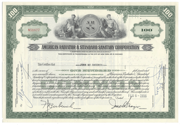 Vintage stock certificate from American Radiator & Standard Sanitary Corporation from 1956