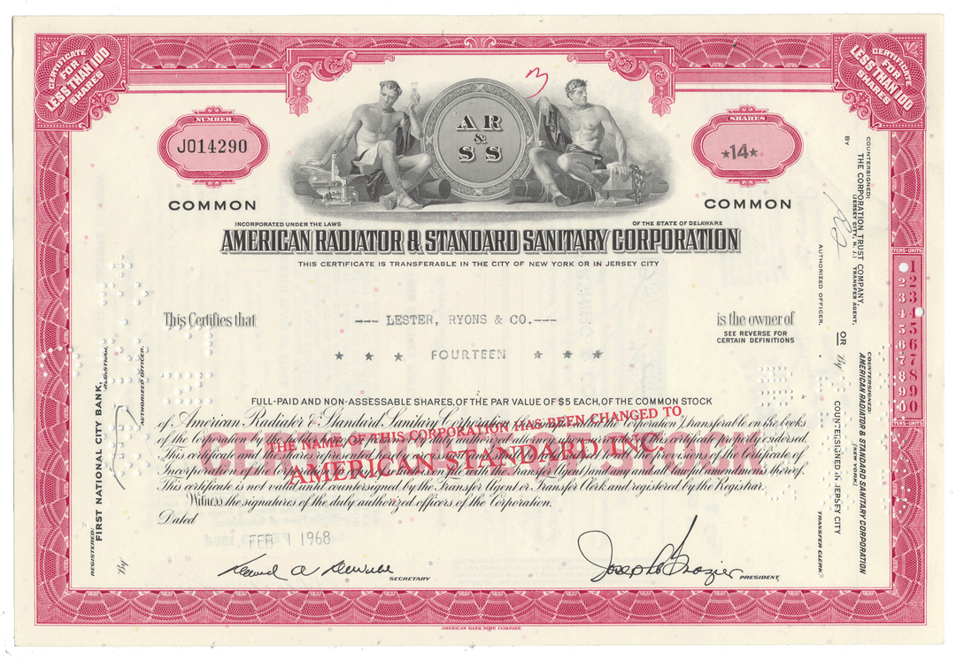 Vintage stock certificate from American Radiator & Standard Sanitary Corporation from 1968