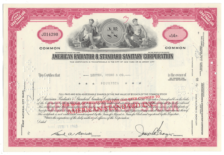 Vintage stock certificate from American Radiator & Standard Sanitary Corporation from 1968