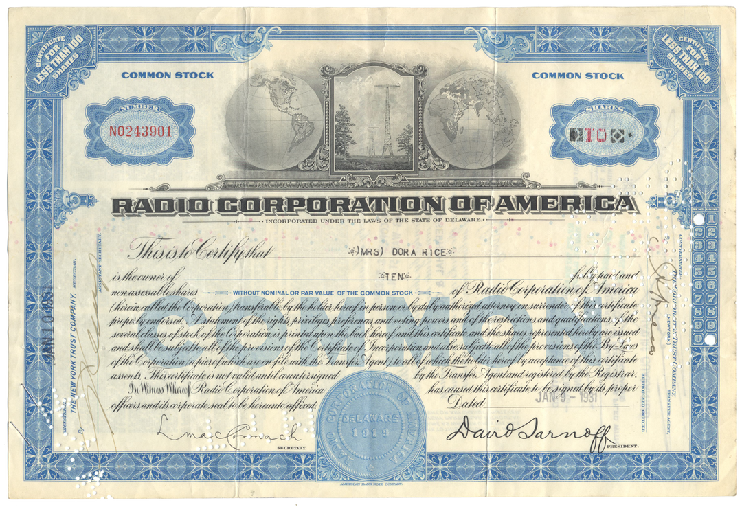 Radio Corporation of America Stock Certificate