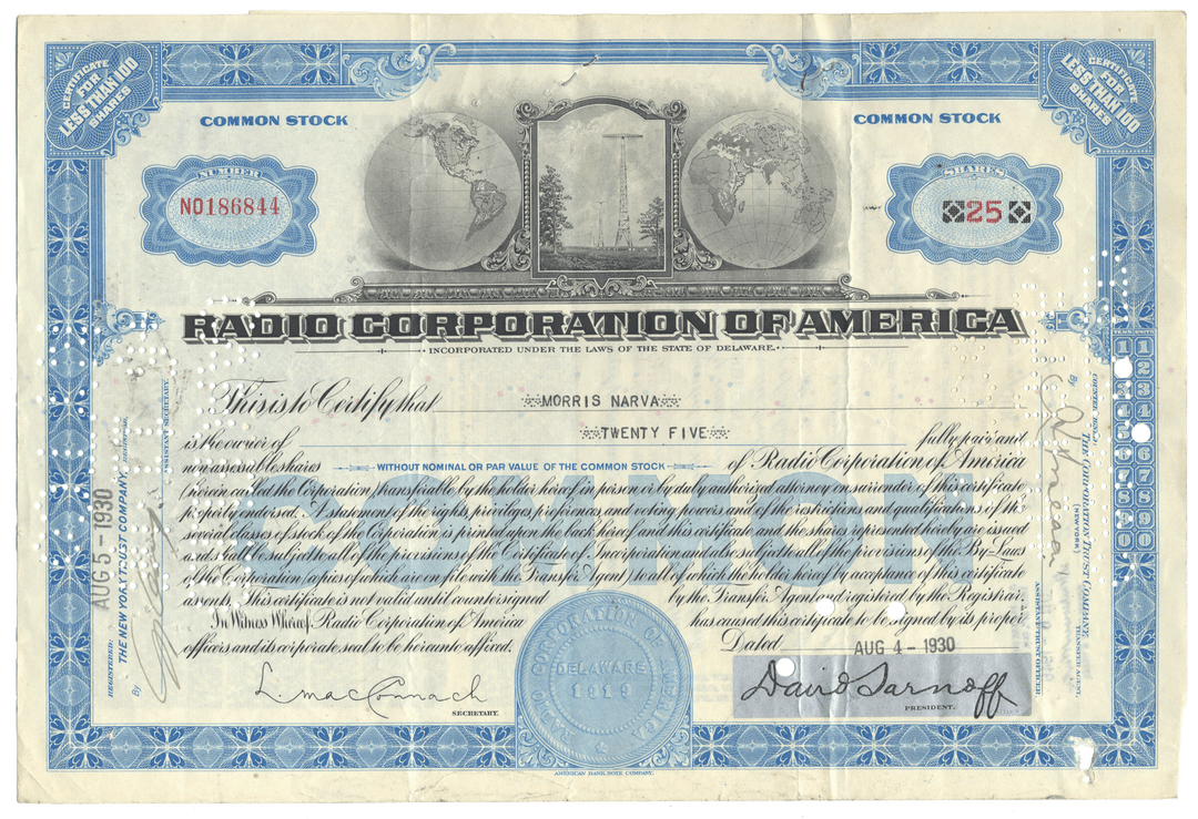 Vintage stock certificate of Radio Corporation of America (RCA) from 1930