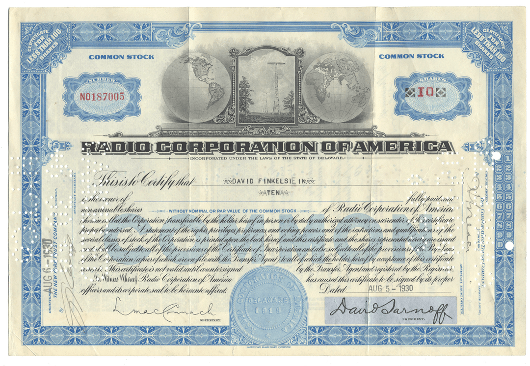 RCA (Radio Corporation of America) stock certificate with blue and white design.