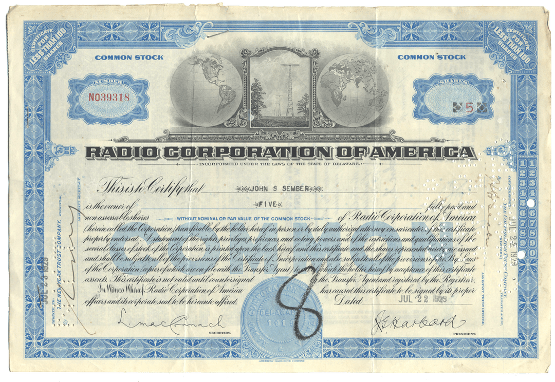 Radio Corporation of America (RCA) Stock Certificate from 1929