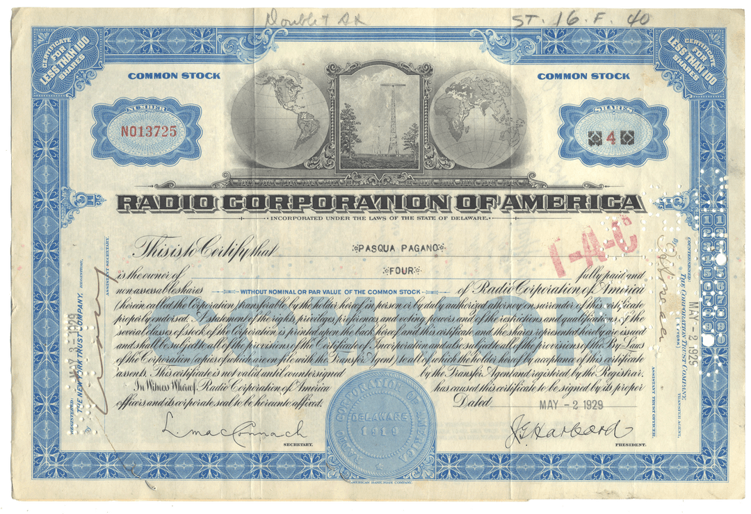Radio Corporation of America (RCA) Stock Certificate