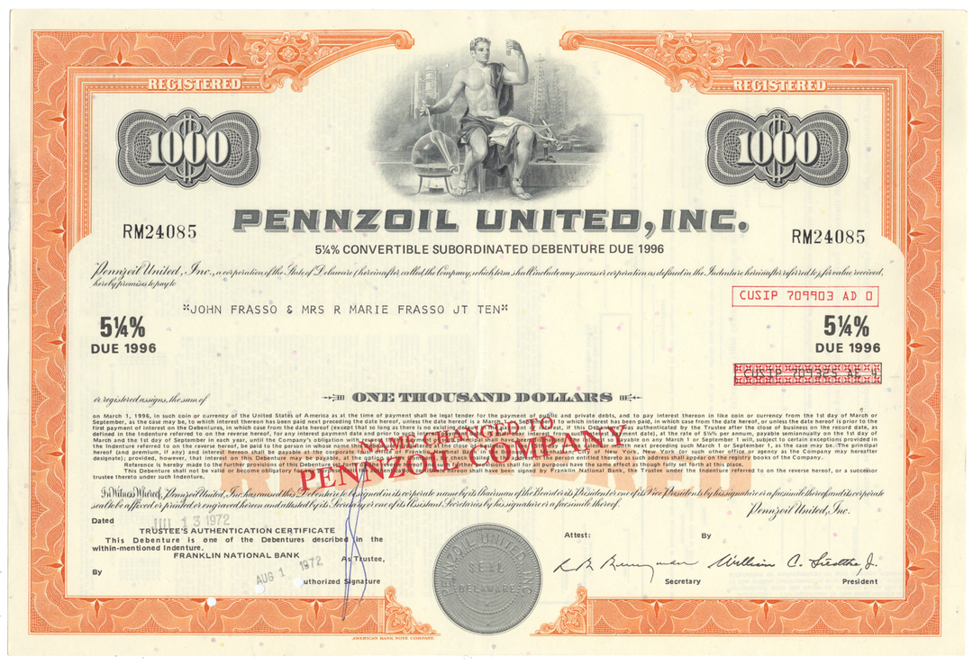 Pennzoil United, Inc. Bond Certificate