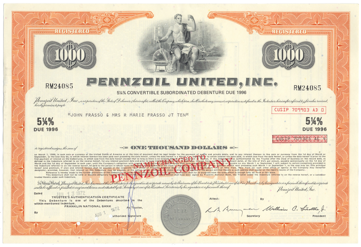 Pennzoil United, Inc. Bond Certificate