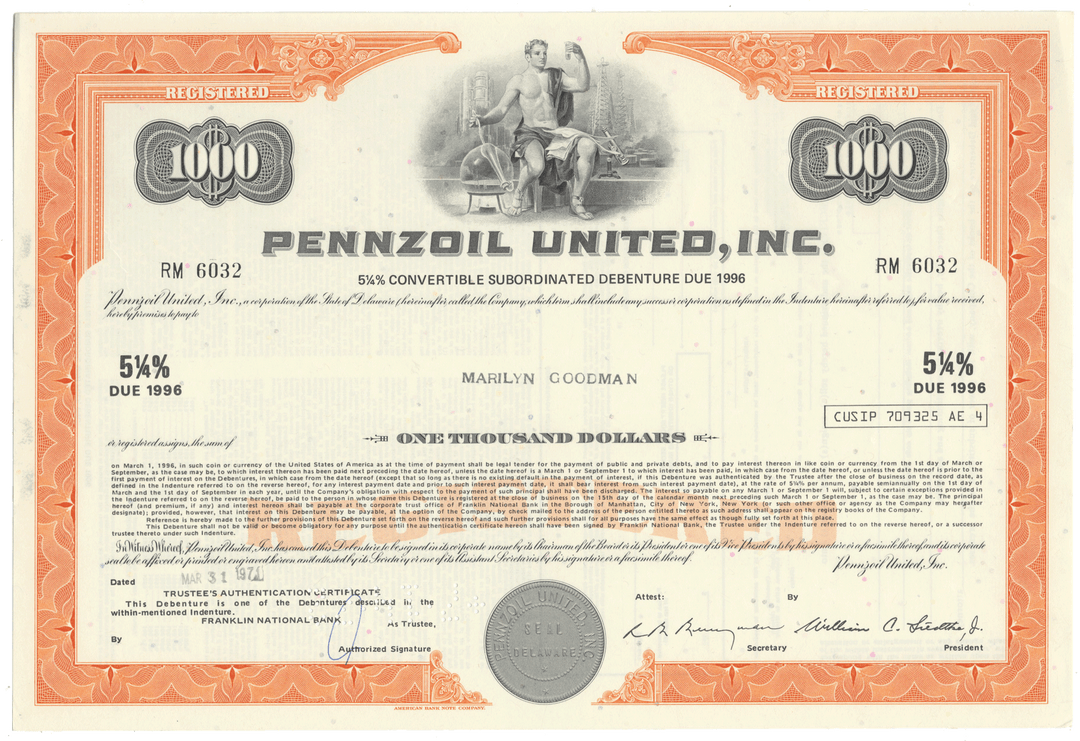 Vintage bond certificate from Pennzoil United, Inc. with decorative border and detailed text.