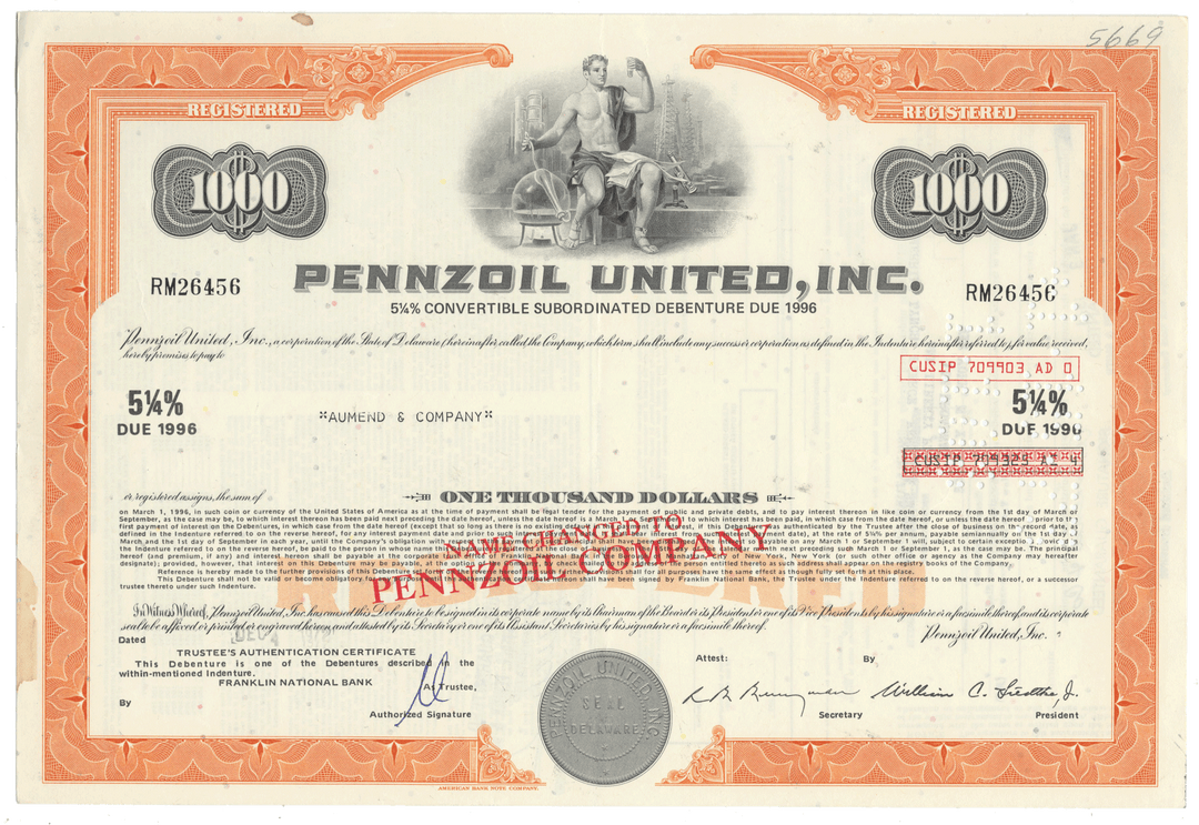 Vintage bond certificate for Pennzoil United, Inc. with decorative elements and text.