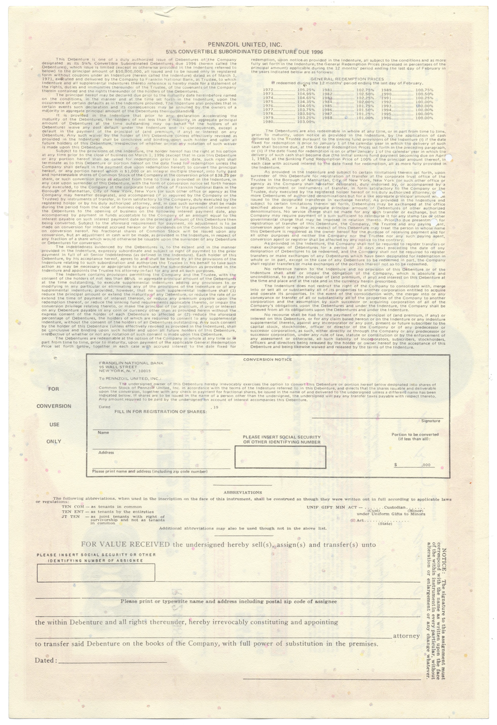 Pennzoil United, Inc. Bond Certificate