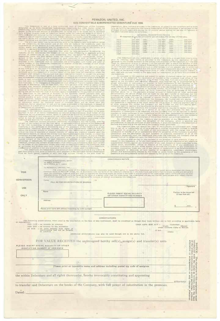 Pennzoil United, Inc. Bond Certificate