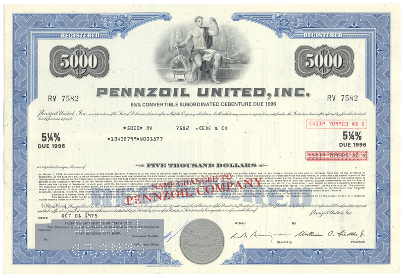 Pennzoil United, Inc. Bond Certificate