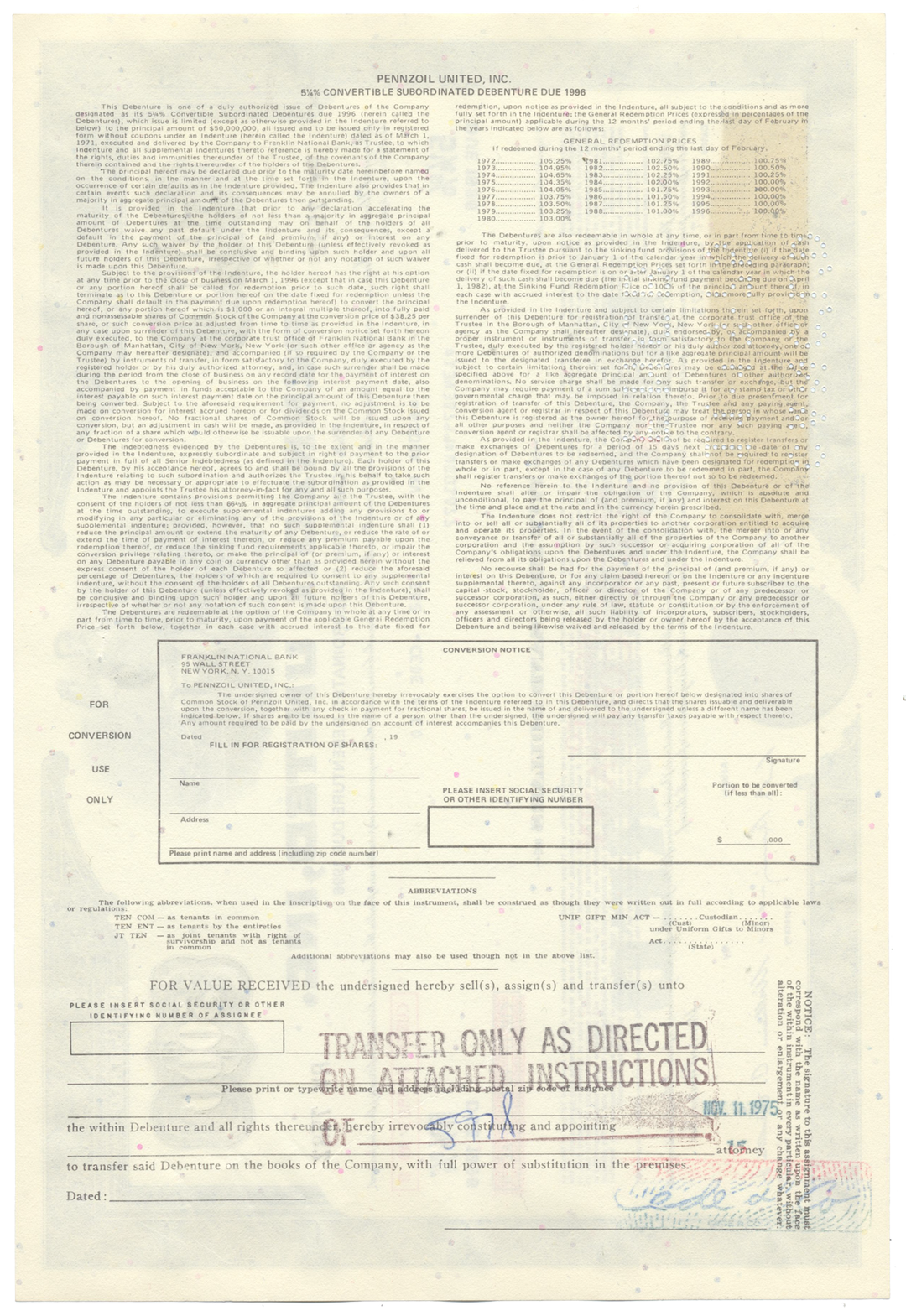 Pennzoil United, Inc. Bond Certificate