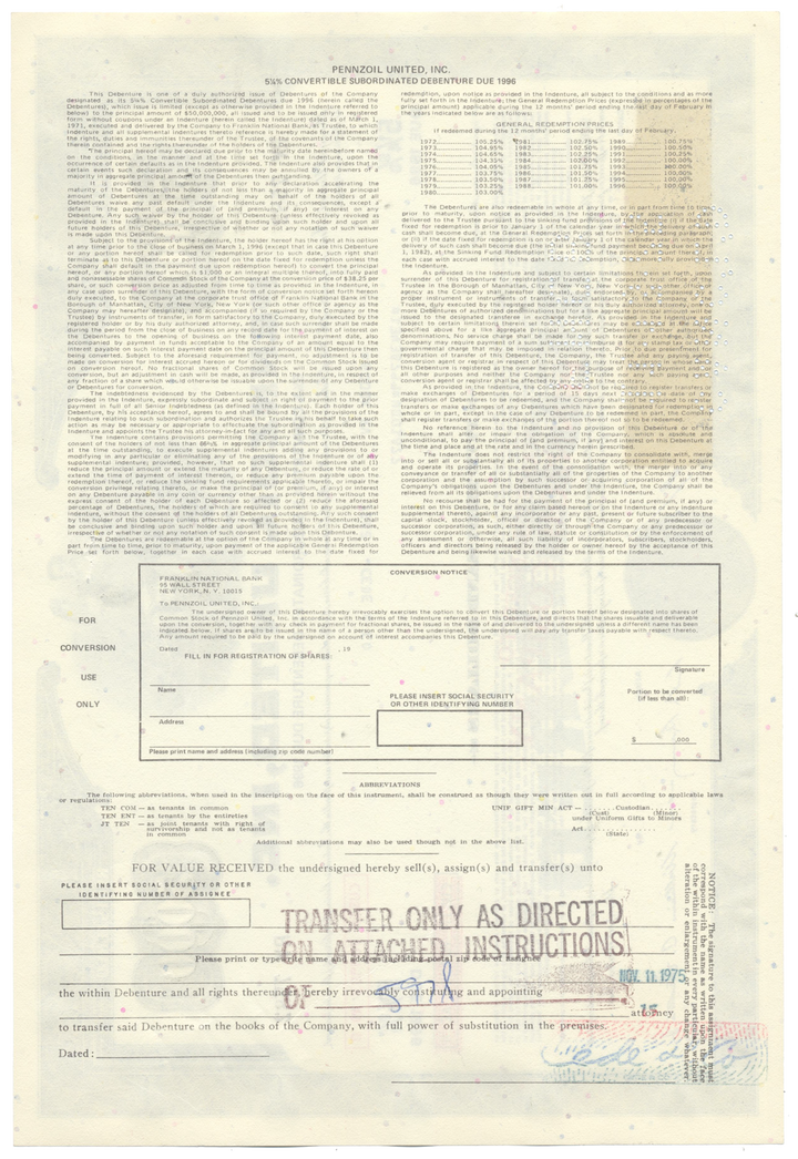 Pennzoil United, Inc. Bond Certificate