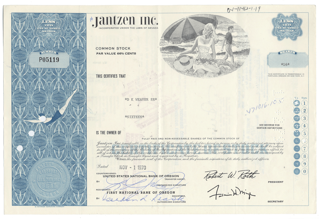 Jantzen, Inc. Stock Certificate