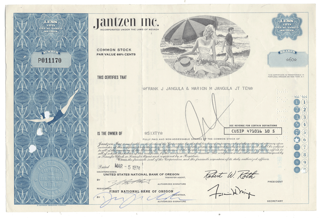 A vintage stock certificate from Jantzen Inc from 1974