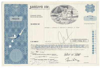 A vintage stock certificate from Jantzen Inc from 1974