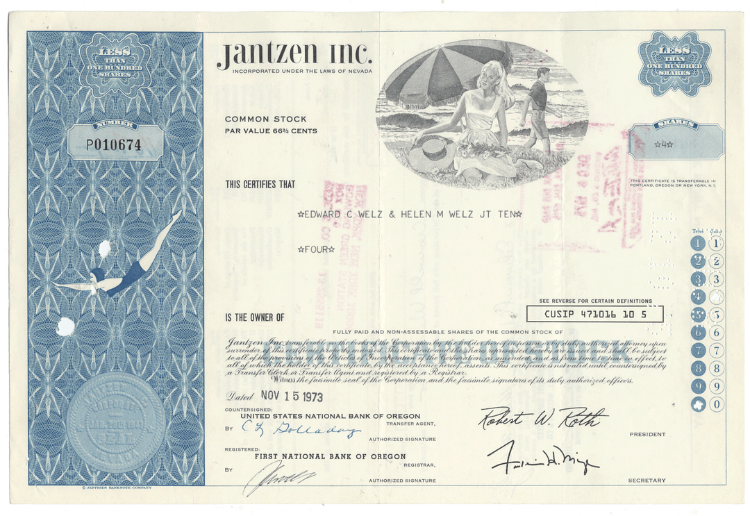 Vintage Jantzen, Inc. stock certificate with decorative elements and text