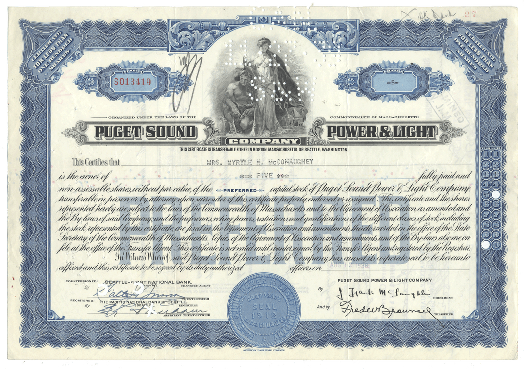 Puget Sound Power & Light Company Stock Certificate from 1938