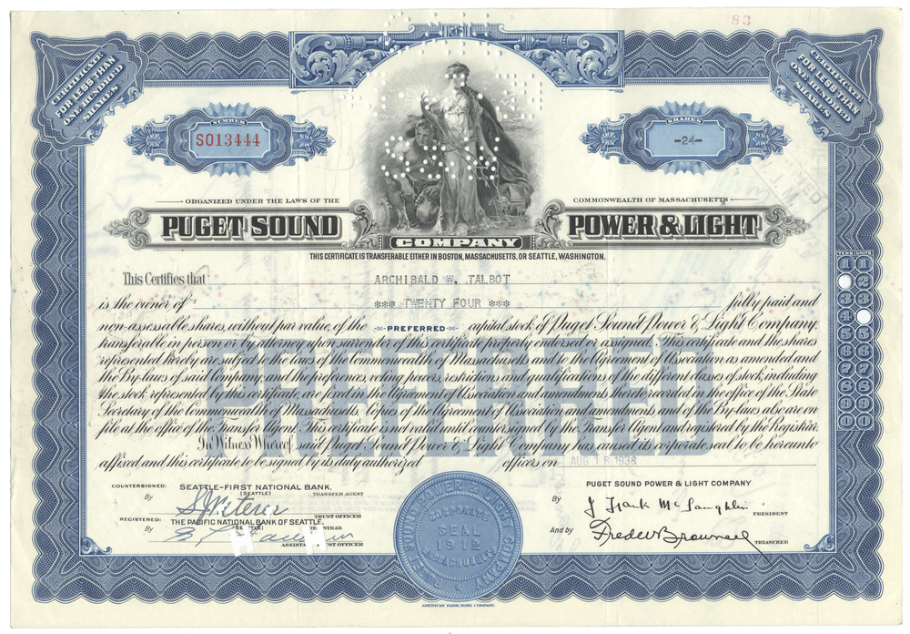Puget Sound Power & Light Company stock certificate with decorative elements and text.