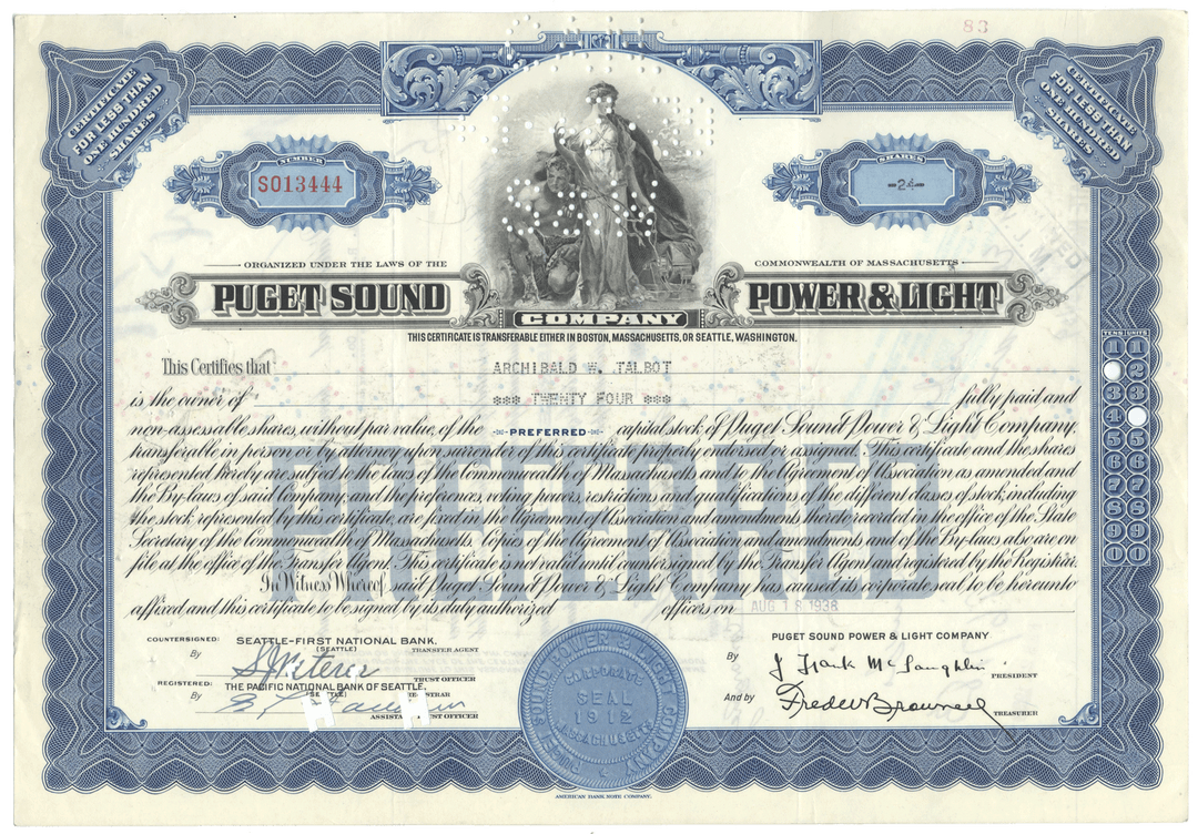 Puget Sound Power & Light Company stock certificate with decorative elements and text.