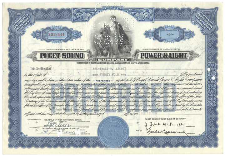 Puget Sound Power & Light Company stock certificate with decorative elements and text.