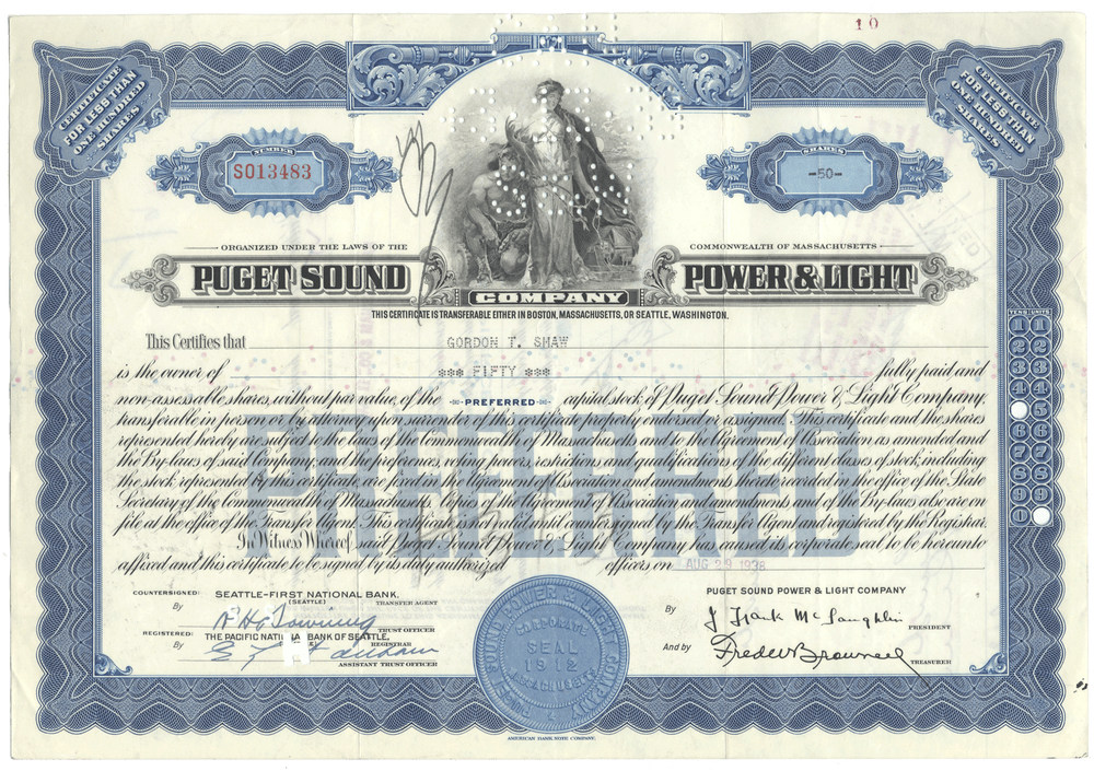 Puget Sound Power & Light Company stock certificate with decorative elements and text.