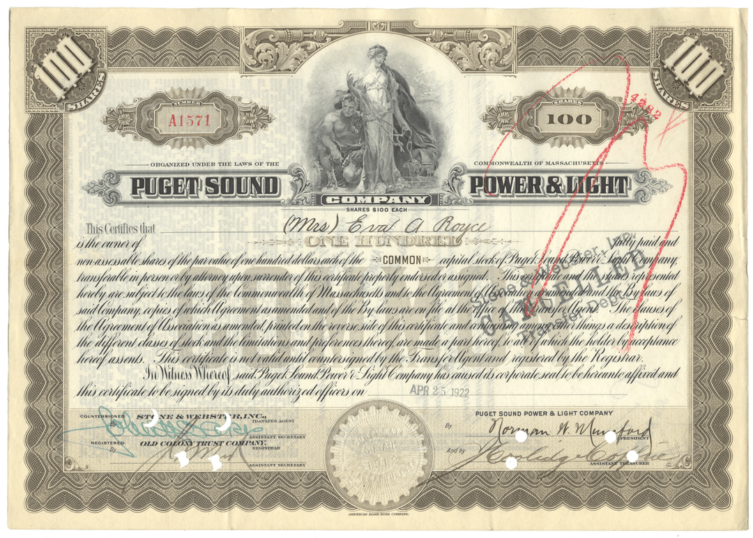 Puget Sound Power & Light Company stock certificate from 1922