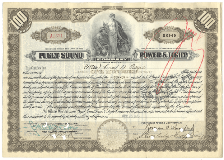 Puget Sound Power & Light Company stock certificate from 1922