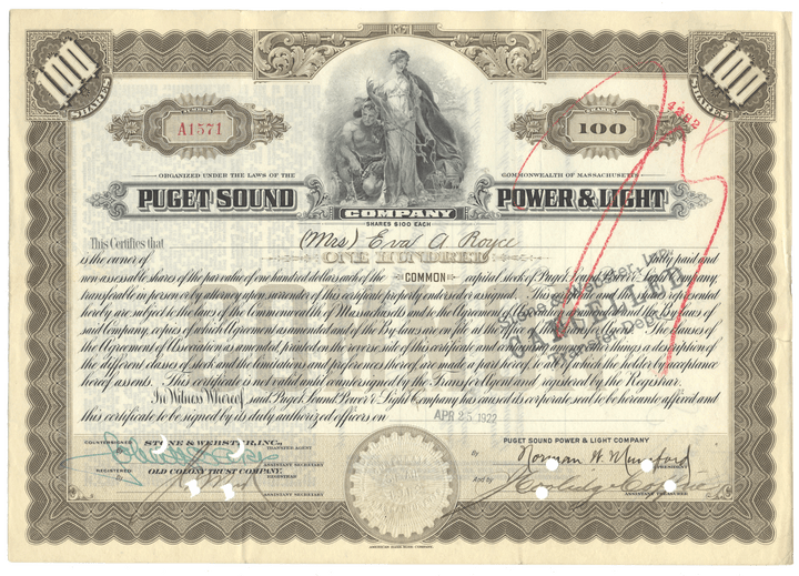 Puget Sound Power & Light Company stock certificate from 1922