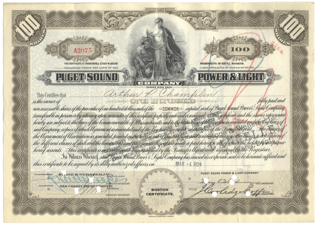 Puget Sound Power & Light Company stock certificate from 1924