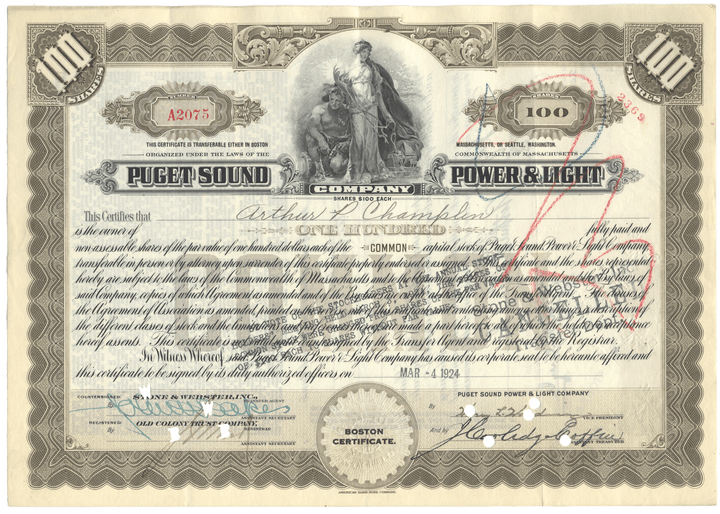 Puget Sound Power & Light Company stock certificate from 1924