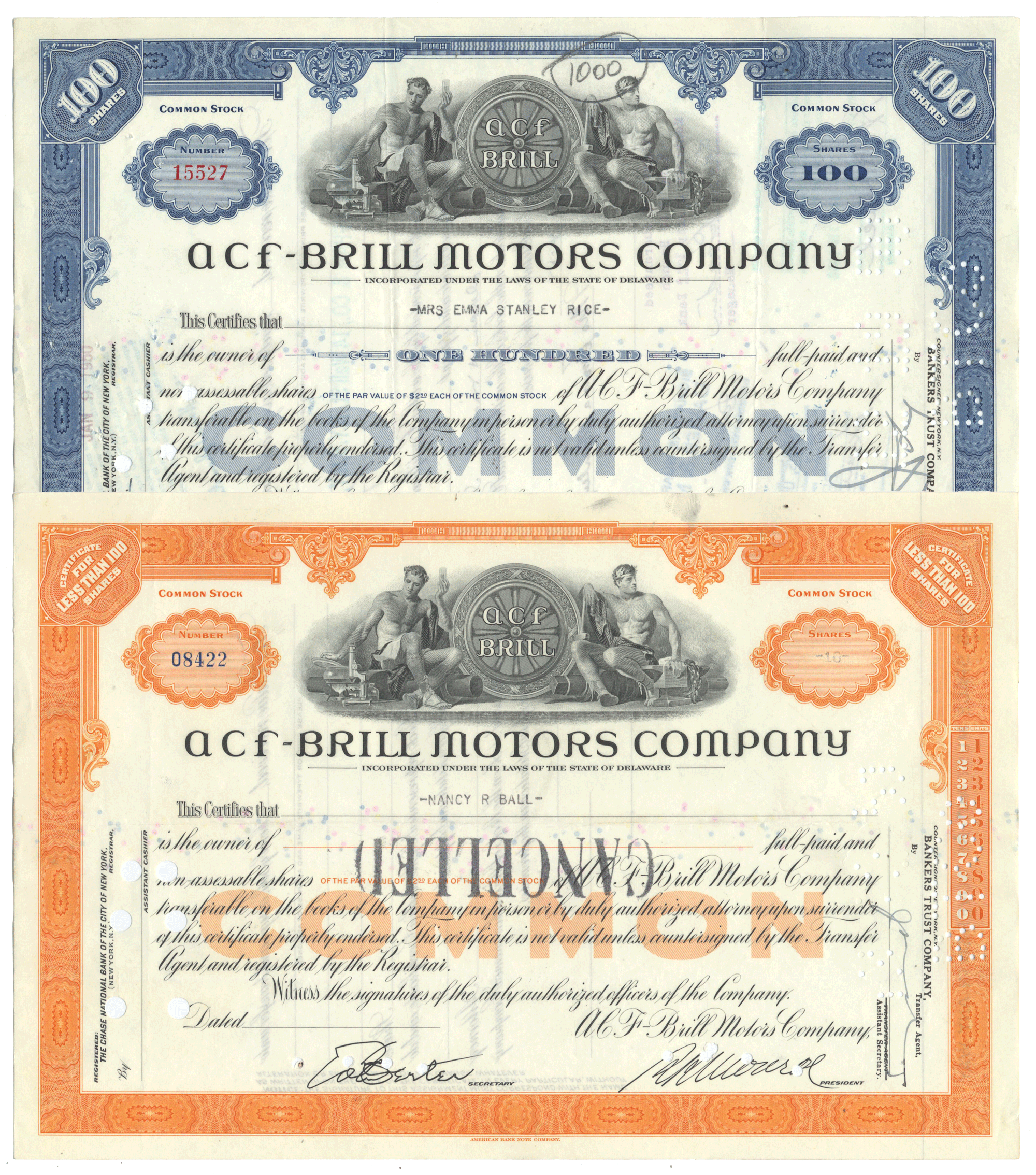 Two vintage stock certificates from ACF-Brill Motors Company from the 1950s