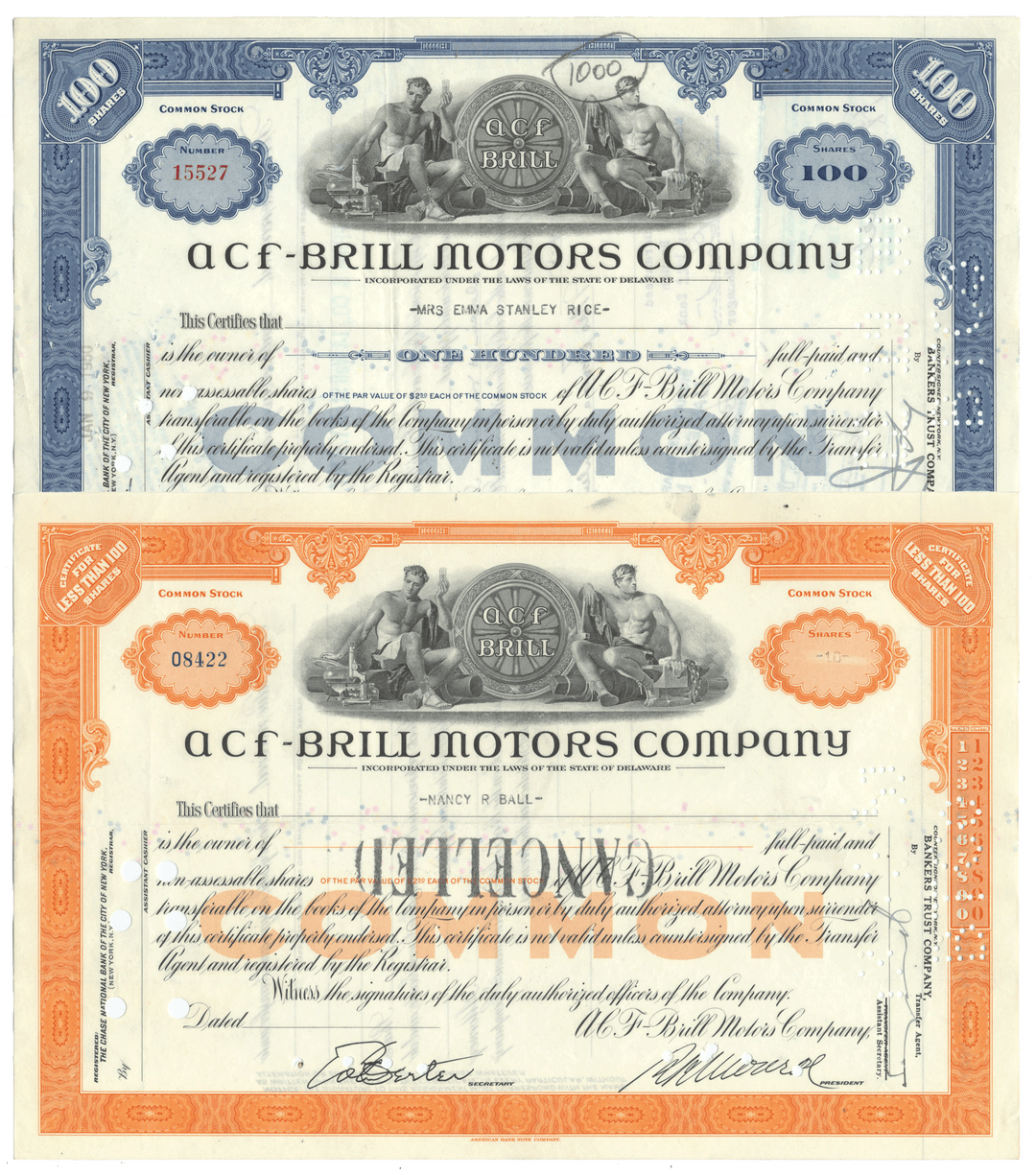 Two vintage stock certificates from ACF-Brill Motors Company from the 1950s