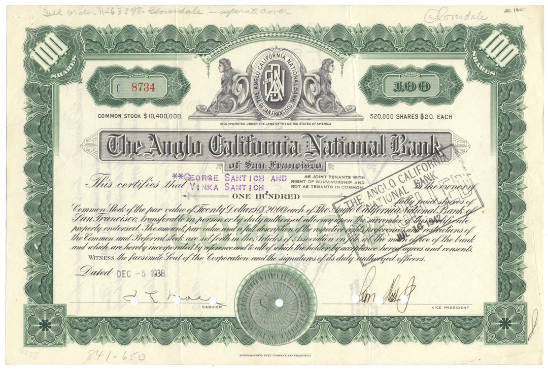 Anglo California National Bank of San Francisco Stock Certificate