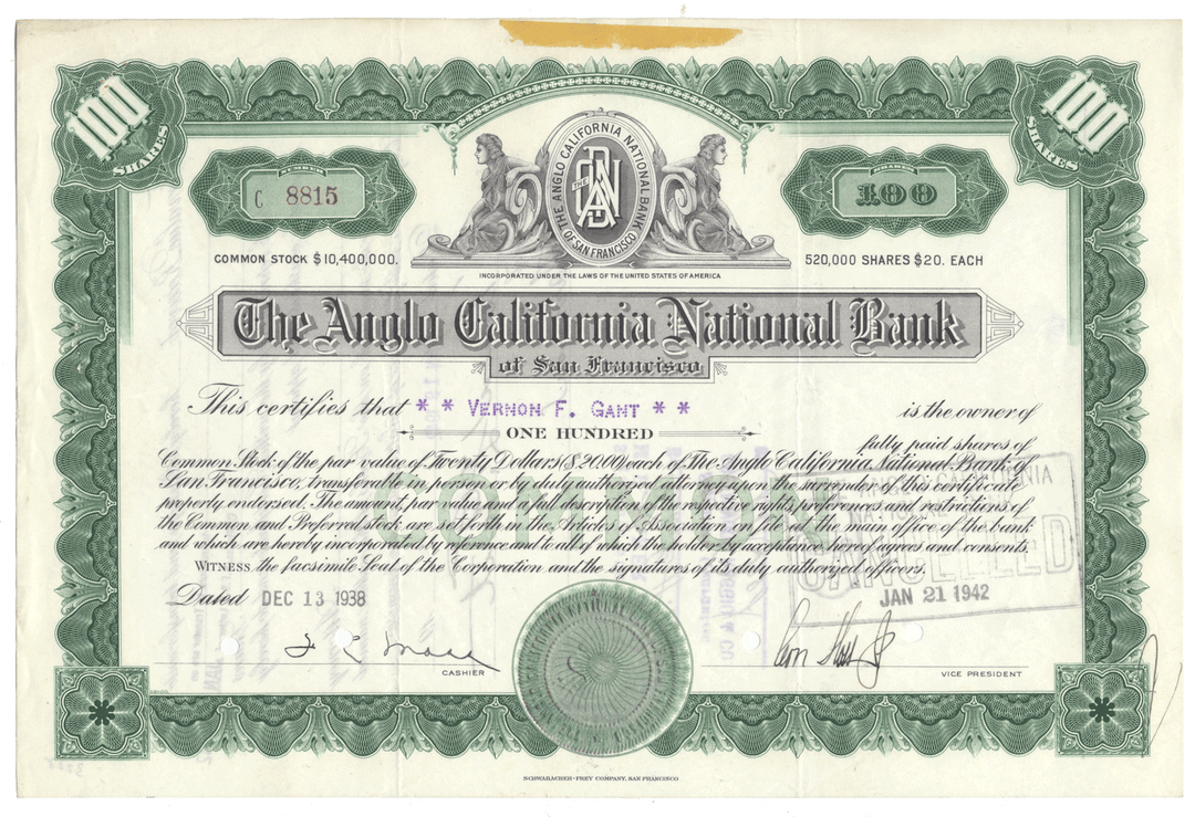 Stock certificate from Anglo California National Bank of San Francisco