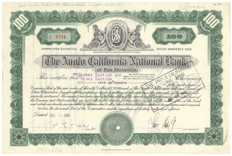 Anglo California National Bank of San Francisco Stock Certificate