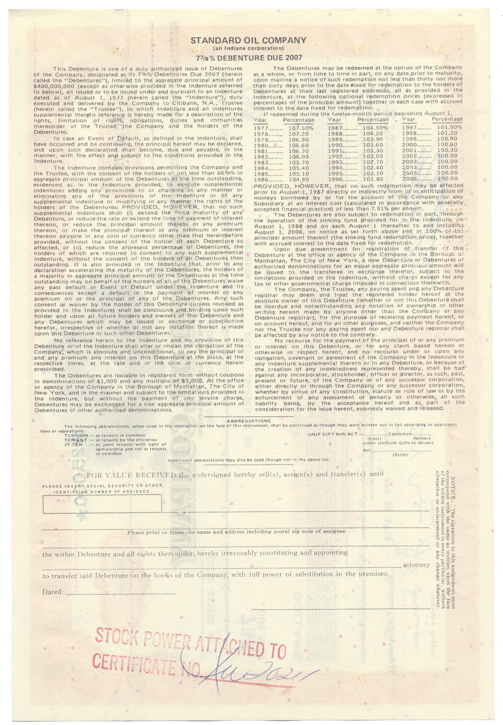 Standard Oil Company Bond Certificate